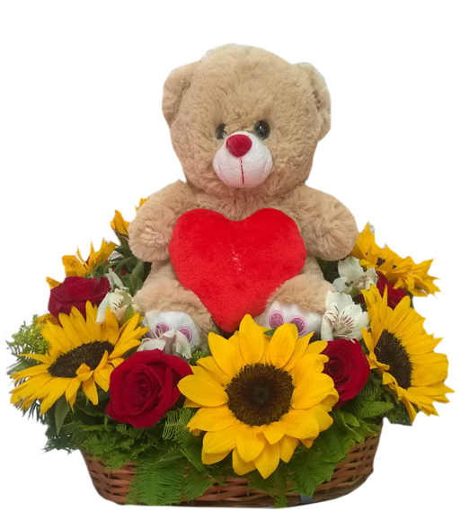 Cesta de Girasoles, Rosas y Peluche